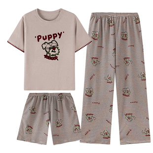 卡之恋睡衣女款2026新款夏季带胸垫短袖长裤三件套纯棉短裤家居服