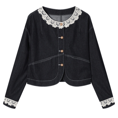 白鹿语复古甜美蕾丝花边拼接水洗牛仔外套春秋设计感小众减龄上衣
