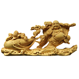 黄杨木雕刻创意工艺礼品居家摆件笑佛拉袋布袋福袋弥勒佛福满乾坤