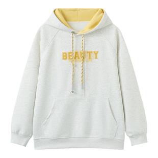 快鱼女士连帽miu系卫衣2026新款春季拼色宽松套头慵懒风学生上衣