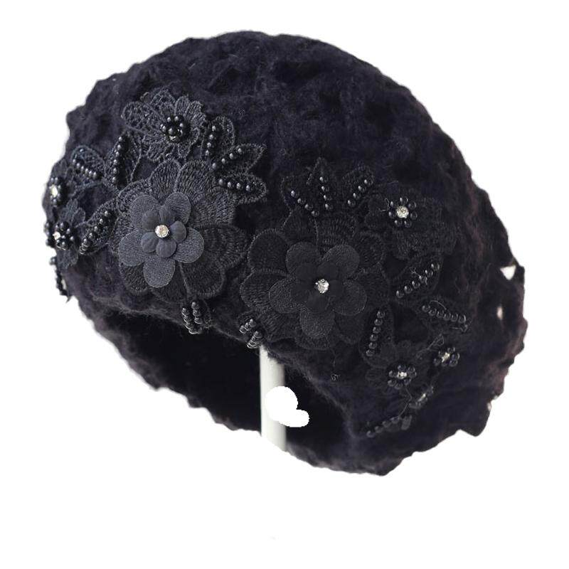 毛线贝雷帽女士秋冬花边手工钩针
