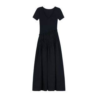 pusumede 斜裁打揽拼接针织短袖连衣裙女U领修身气质设计感长裙