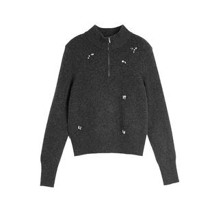 ELLE深灰色钉钻绵羊毛立领针织衫2025秋季新款高级气质时尚羊毛衫