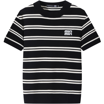 BM黑白条纹针织衫男短袖潮牌字母刺绣毛衣男款2025新款早秋季上衣