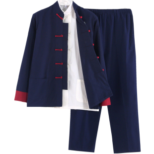 唐装套装男式春秋纯棉长袖青中老年休闲开衩汉服复古潮茶服中国风