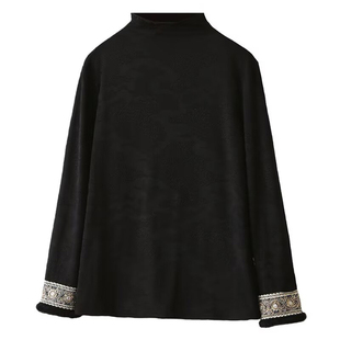 大码胖mm新中式半高领加绒保暖打底衫女秋冬国风刺绣加厚内搭上衣