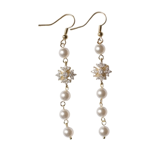 《雪国列车》冬季新年复古优雅金色雪花流苏珍珠长款耳环耳夹耳饰