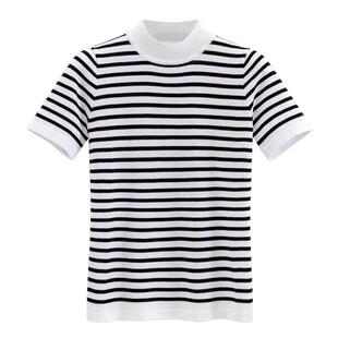 冰丝2022新款短袖T恤女学生韩版套头半高领条纹针织打底衫上衣