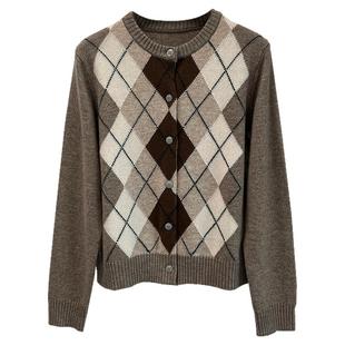 100%羊毛复古学院菱格拼接撞色高级知识分子风长袖针织衫开衫上衣