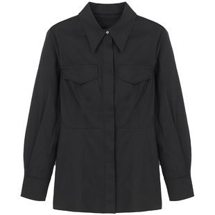 曼德诗黑色通勤衬衫2026春季新款收腰显瘦衬衣女ol设计感上衣