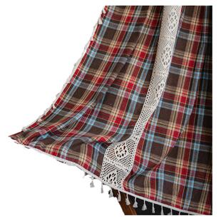 美式圣诞节红咖格子拼接钩针流苏窗帘喜庆色织半遮光成品飘窗挂帘