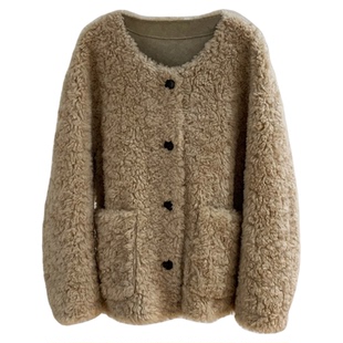 小羊咩咩!宽松慵懒短款毛毛外套女冬休闲上衣羊羔毛皮毛一体皮草