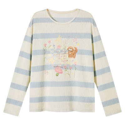 PSO Brand女装可爱涂鸦印花薄款透气圆领长袖t恤上衣慵懒宽松罩衫