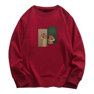 香港潮牌秋冬酒红色卫衣男士陈伟霆宽松大码时尚印花纯棉情侣潮流