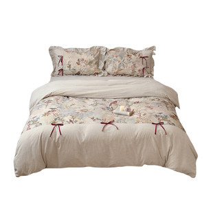 法式中古风棉麻四件套亚麻纯棉混纺田园印花被套蝴蝶结少女心床单