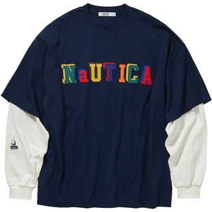 【官方正品】nautica白帆 日系中性假两件宽松长袖圆领T恤TW3319