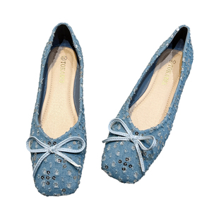 晚晚风平底鞋女2026新款亮片温柔鞋蝴蝶结软底仙女风方头浅口单鞋