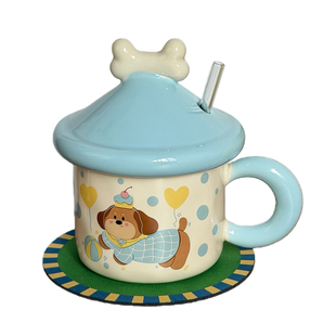 可爱小萌狗陶瓷马克杯带盖吸管杯子好看的生日礼物送好友新年礼物