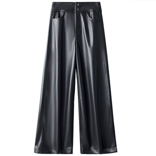 海宁真皮皮裤女加厚绒高腰直筒九分裤宽松显瘦阔腿裤百搭休闲裙裤