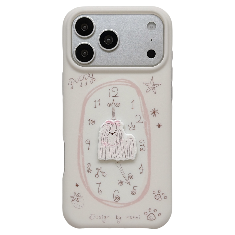 jze 甜美可爱手绘时钟立体狗狗适用苹果17ProMax手机壳韩风iphone16pro新款17女款15pro创意14全包防摔手机套