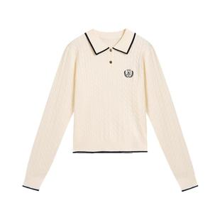 紫涵绞花POLO领针织衫女春秋季新款学院风刺绣修身休闲短款打底衫