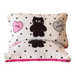 可爱枕巾一对装全棉黑色猫咪图案枕头巾纯棉防头油新款可固定