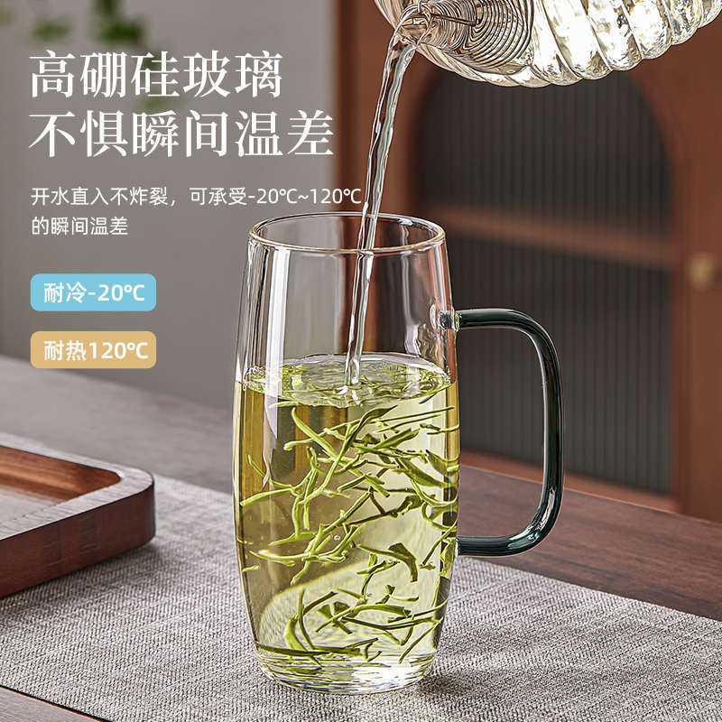 高档彩柄绿茶杯托盘套装家用耐高温玻璃杯水杯待客喝茶杯子泡茶杯