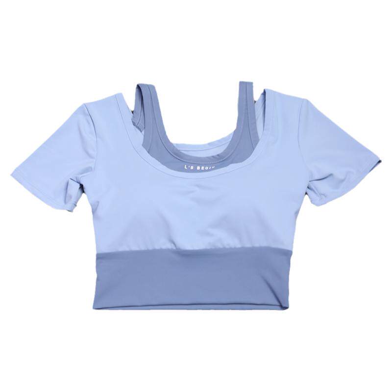 假两件带胸垫瑜伽服女紧身短袖T恤速干跑步训练健身运动短款上衣