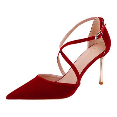 平时可穿中空交叉带红色伴娘单鞋