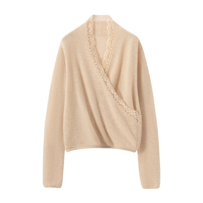 蕾丝花边法式交叉V领羊绒针织衫