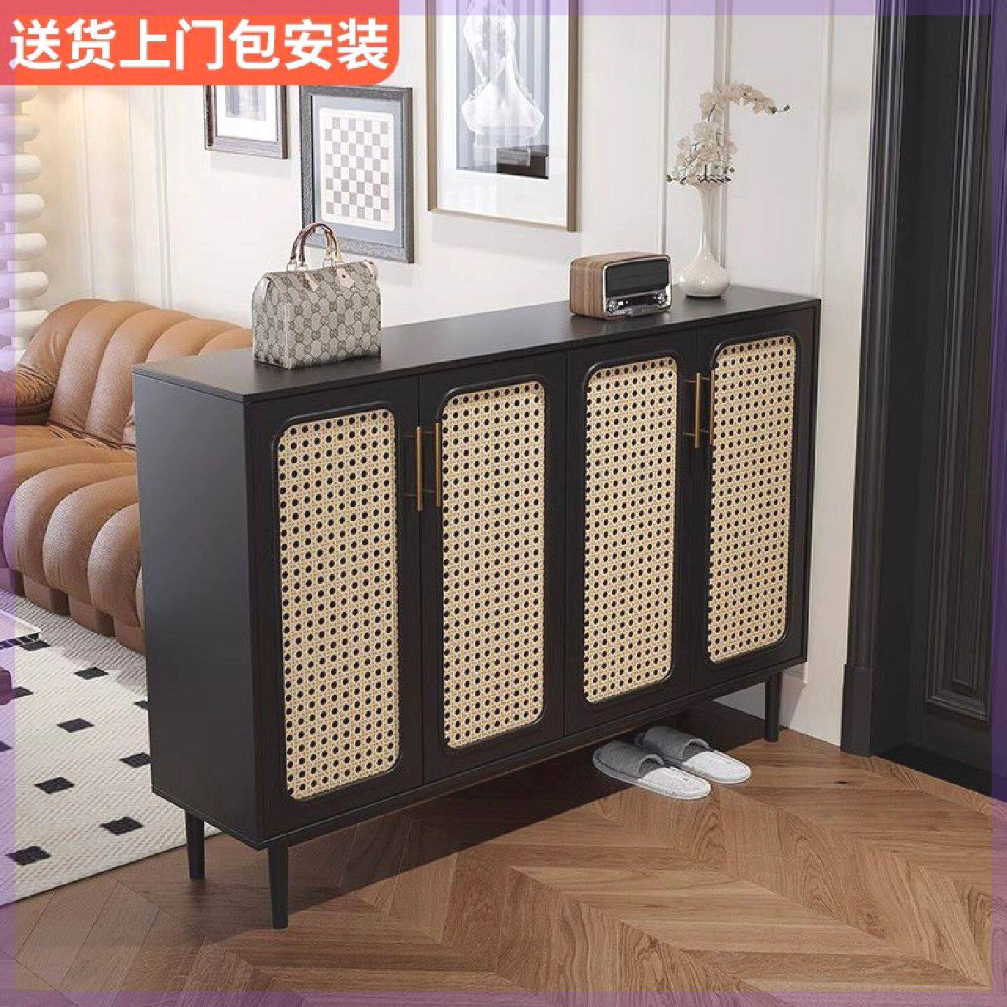 藤编北欧鞋柜实木新款家用门口黑色玄关入户大容量客厅收纳储物柜