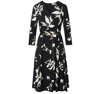 LANCY/朗姿2024春季新款气质收腰桑蚕丝连衣裙女印花中长款A字裙