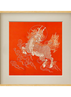 瑞兽麒麟朱砂拓片非遗实木挂画装饰画玄关新中式书房茶室斗方