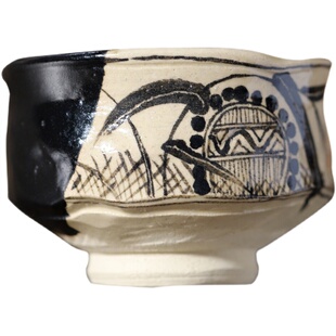 日本进口美浓烧大茶碗手工制作黑织部抹茶碗茶道茶具茶器手绘大碗