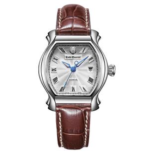 艾米龙瑞士进口当代奢华系列镶钻酒桶型棕色皮带轻奢自动机械女表