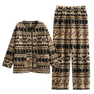 悦内睡衣女冬季冬天法兰绒加绒加厚珊瑚绒保暖家居服费尔岛可外穿