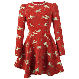 印花泡泡袖镶钻千金风a字连衣裙女装收腰显瘦小个子显高气质裙子