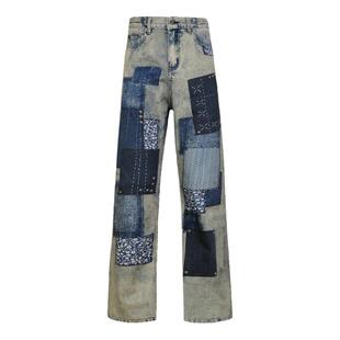 olioni 贴布补丁Remake风亚比高街拼接重工印花微喇牛仔休闲长裤