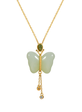 天然和田玉蝴蝶古法银中国风项链