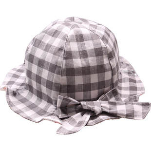 初秋季薄款女宝宝帽防晒透气纯棉婴幼小孩瓜皮灰格子儿童渔夫盆帽
