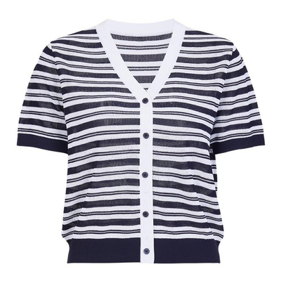婉甸2026夏季新品藏青条纹一字扣单排扣短袖毛织假开衫1252W04RS1