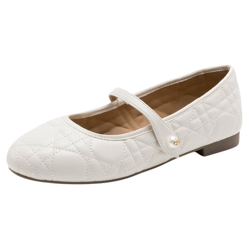 奥康 女鞋2026春季新款菱格珍珠扣带平底浅口单鞋女法式玛丽珍鞋
