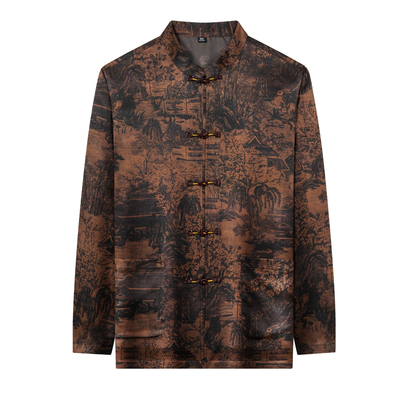 春竹世家男士长袖衬衫高端重磅真丝香云纱唐装桑蚕丝碎花免烫上衣