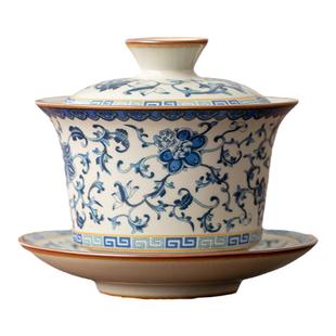 聚划算复古青花缠枝莲汝窑可养开片盖碗茶壶功夫茶具套装公道杯子