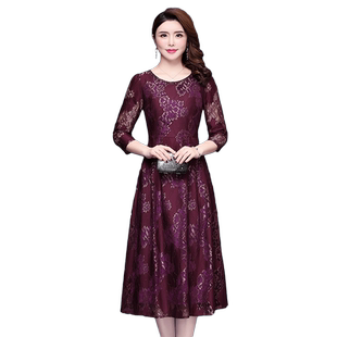 香妮芬2025款中年女装妈妈装蕾丝时尚中长款连衣裙台湾纱中袖裙