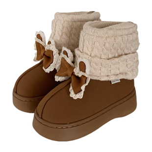 女士加绒加厚防滑冬季保暖棉鞋复古高级感ins花边蝴蝶结中筒棉靴