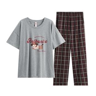 芬腾睡衣女款夏季纯棉短袖长裤休闲薄款格子可外穿可爱家居服套装