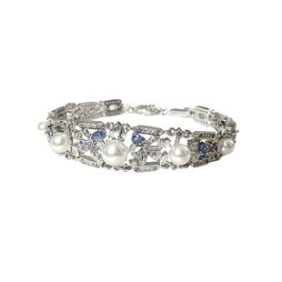 轻奢复古宫廷风人造澳白珍珠蓝宝石手链镶满钻高级感可调节手饰女