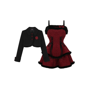 安妮不火 圣诞系列夹棉呢外套&细闪吊带裙女微胖大码氛围感两件套