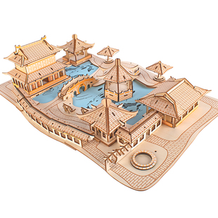 迪尔乐斯苏州园林3d立体拼图木质古建筑模型拼装积木成年减压解闷
